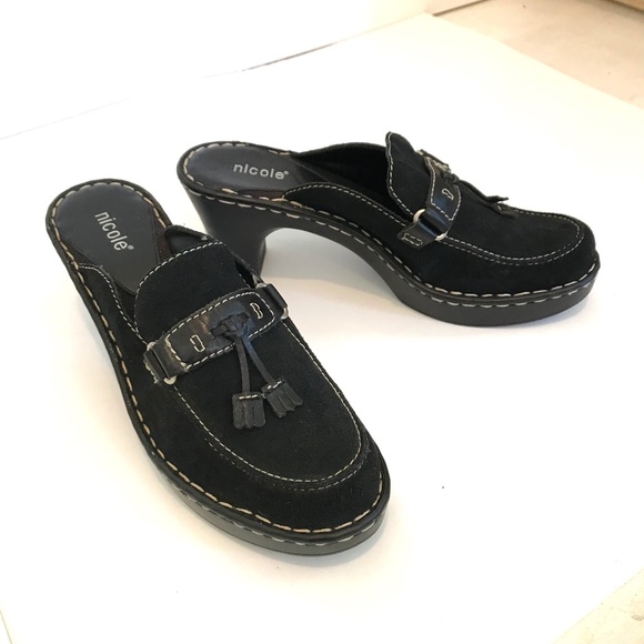 NICOLE Platform Mule Clogs Leather Black Slip On Heeled Clogs Markie Size 8 - Picture 1 of 16